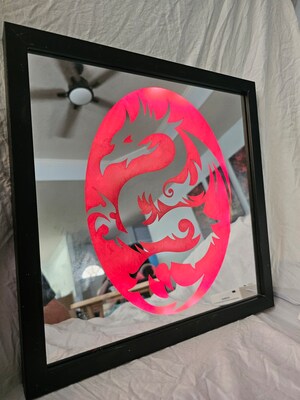 LED Lighted Mirror with Black or White Frame and Dragon With Flame Background Wall Hanger - image2